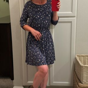 French Grey Navy Floral Long Sleeve Tie-Waist Dress